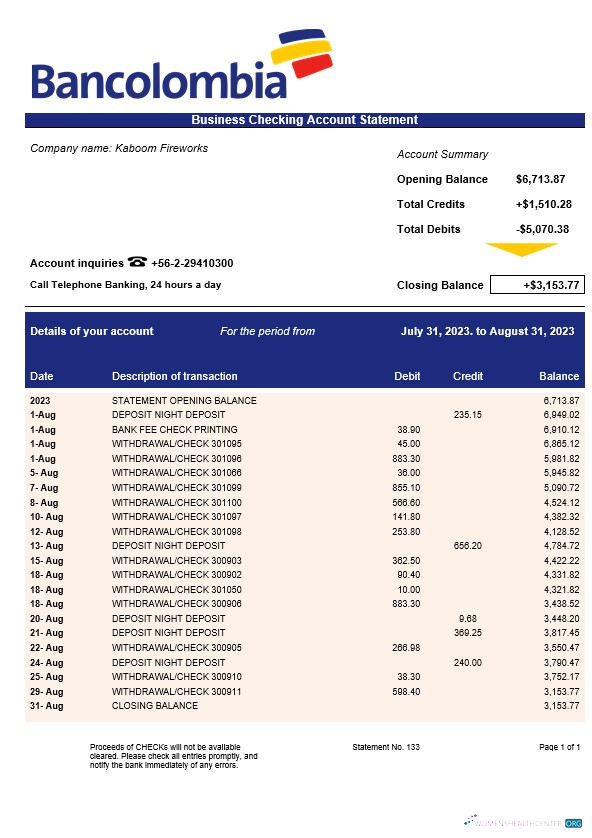 Download Bancolombia Bank firm statement Word and PDF template Photoshop template